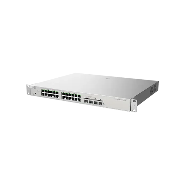 Image du switch RG‑NBS5200‑24GT4XS‑P, châssis rack 1 U avec 24 ports RJ‑45 Gigabit et 4 uplinks SFP+, conception fanless, routage niveau 3.