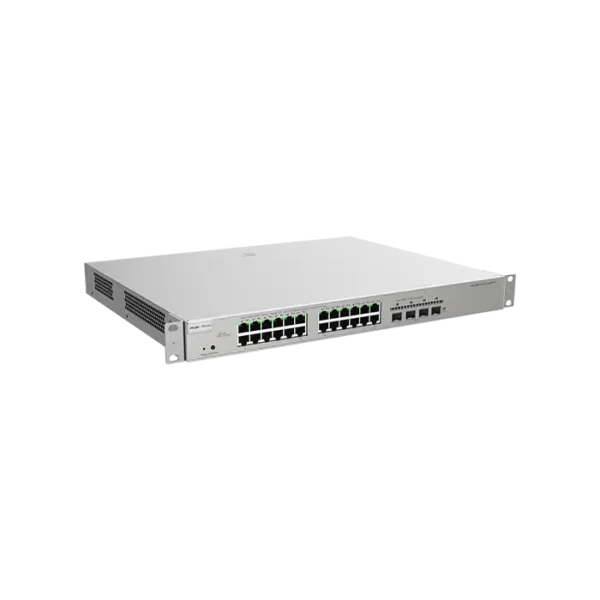 Image du switch RG‑NBS5200‑24GT4XS‑P, châssis rack 1 U avec 24 ports RJ‑45 Gigabit et 4 uplinks SFP+, conception fanless, routage niveau 3.