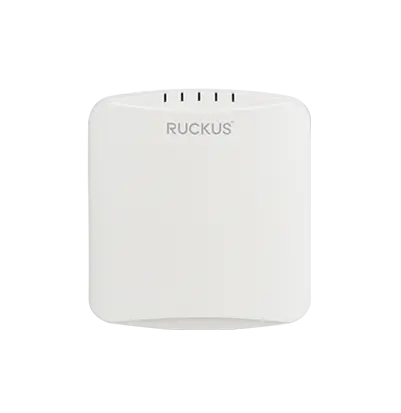 Image du RUCKUS R350, point d’accès intérieur Wi‑Fi 6 compact avec antennes adaptatives BeamFlex, port Ethernet PoE et gestion cloud.
