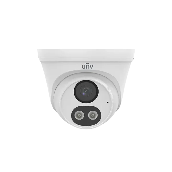 Caméra de sécurité analogique 5MP de type turret avec vision nocturne 40 m, LED blanche intelligente et protection IP67 pour usage extérieur.