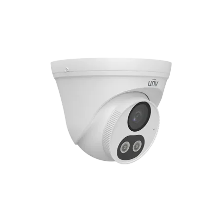 Caméra de sécurité analogique 5MP de type turret avec vision nocturne 40 m, LED blanche intelligente et protection IP67 pour usage extérieur.