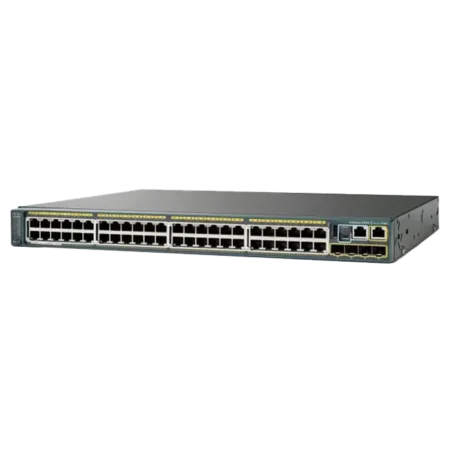 Switch Cisco WS-C2960S-48FPS-L avec 48 ports Ethernet PoE+ et 4 uplinks fibre pour réseau entreprise.