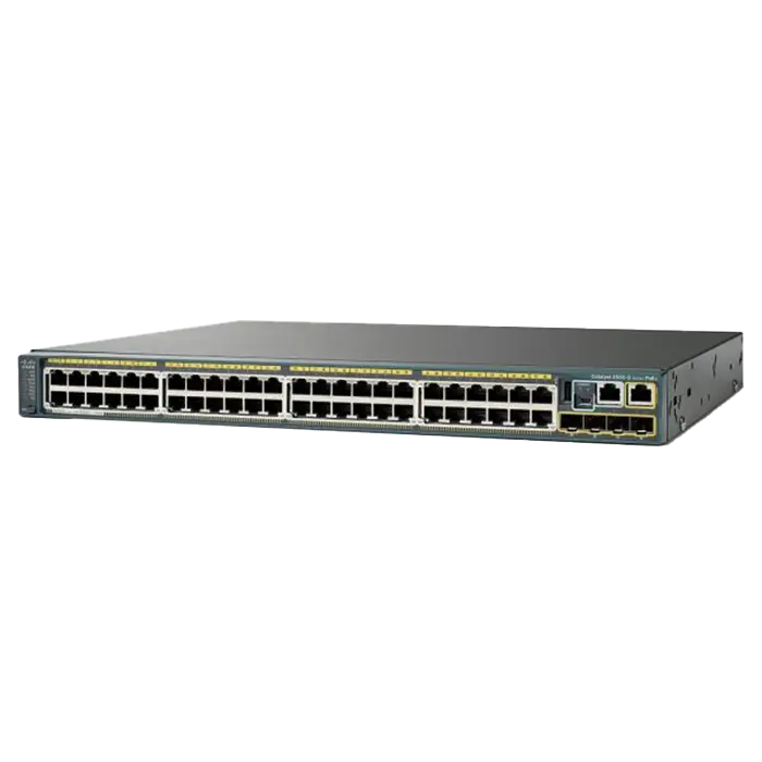 Switch Cisco WS-C2960S-48FPS-L avec 48 ports Ethernet PoE+ et 4 uplinks fibre pour réseau entreprise.