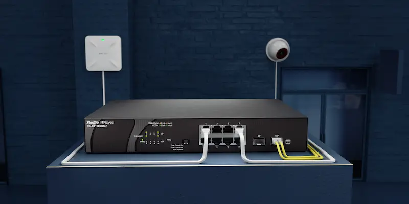 Image du switch RG‑ES110GDS‑P, 10 ports RJ‑45 Gigabit (8 PoE+), boîtier métal compact, fanless, kit mural, prêt à l’emploi.