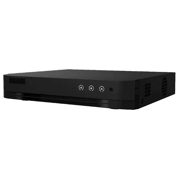 DVR Hikvision iDS-7204HUHI-M1/E 4 canaux 5MP avec IA AcuSense, compression H.265 et enregistrement intelligent.