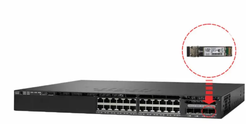 Module SFP Cisco SFP-10G-SR avec connectivité 10 GbE sur fibre MMF 850 nm, pour port SFP+ remplaçable à chaud.
