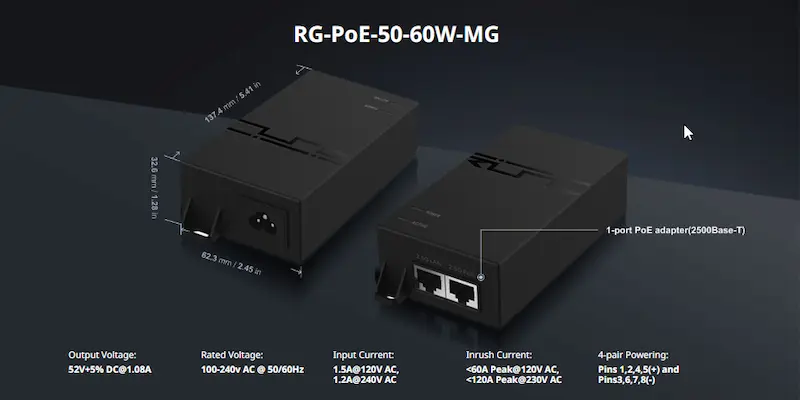 Injecteur PoE RG-POE-50-60W-MG, port unique 2,5GBase-T, puissance 60 W à 50 V pour alimentation PoE haute puissance.