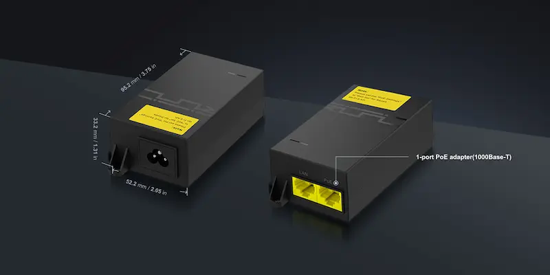 Injecteur PoE RG-POE-AT30, port unique Gigabit 1000Base-T, puissance 31,2 W à 52 V pour alimentation via câble Ethernet.