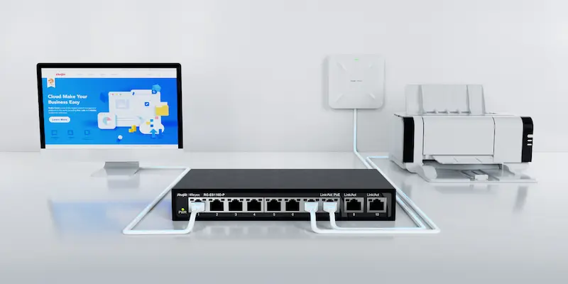 Image du switch RG‑ES124GD, boîtier compact fanless, 24 ports RJ‑45 Gigabit, conçu pour connectivité réseau sans gestion complexité.