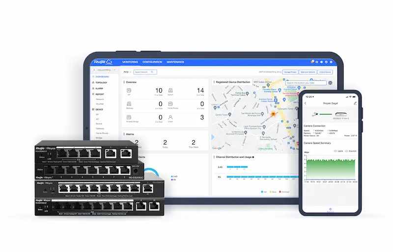 Image du switch RG‑ES216GC‑V2, boîtier compact fanless 16 ports RJ‑45 Gigabit, gestion via QR code pour Ruijie Cloud.